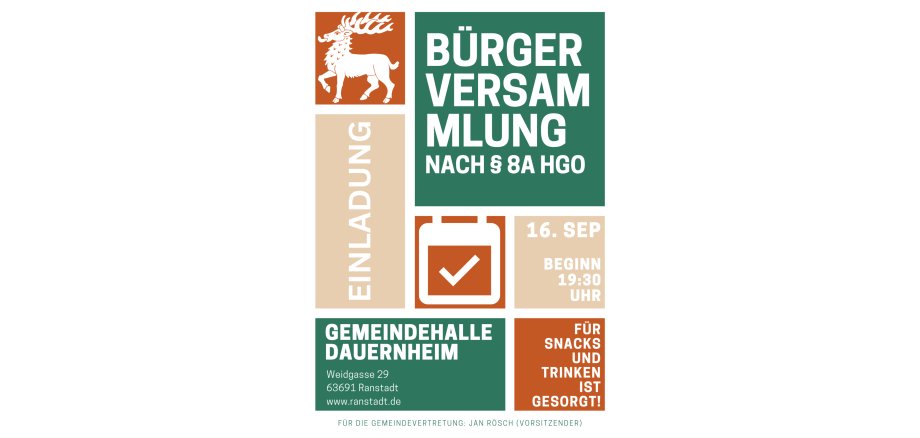 Flyer Einladung Bürgerversammlung nach § 8A HGO in bunten Kästchen dargestellt.