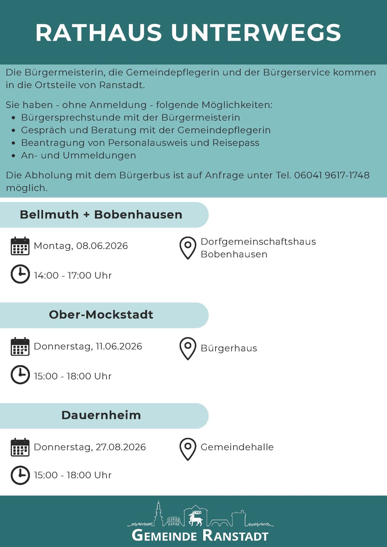 Flyer mit den Angaben, wann die Bürgermeisterin, die Gemeindepflegerin und Mitarbeiter des Bürgerservices in den einzelnen Ortsteilen sind.