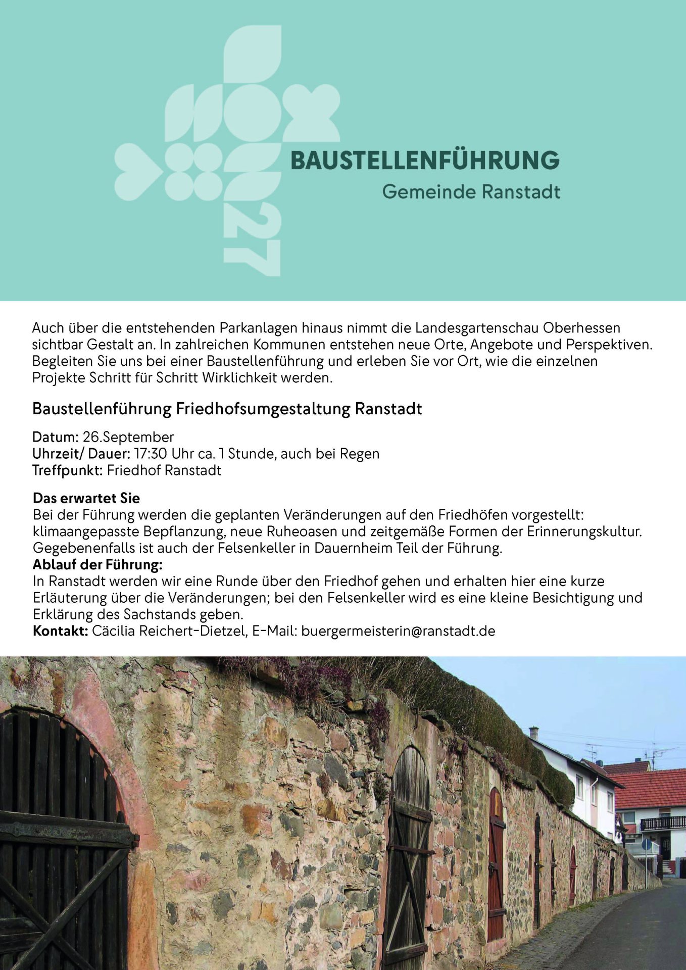 Der Flyer beschreibt den Ablauf der Baustellenführung am 26.09.2026. Auf dem Bild sind die Felsenkeller zu sehen.