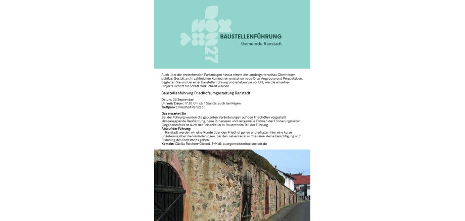 Flyer Baustellenführung LGS Der Flyer beschreibt den Ablauf der Baustellenführung am 26.09.2026. Auf dem Bild sind die Felsenkeller zu sehen.