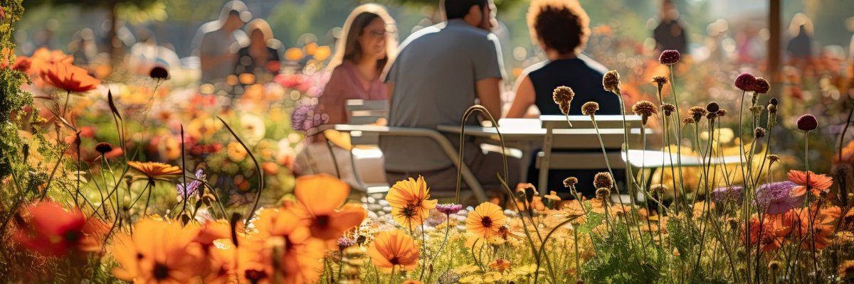 People enjoying a picnic or leisurely stroll in a modern city park surrounded by colorful flower gardens, capturing the joy and relaxation that can be found in nature's beauty