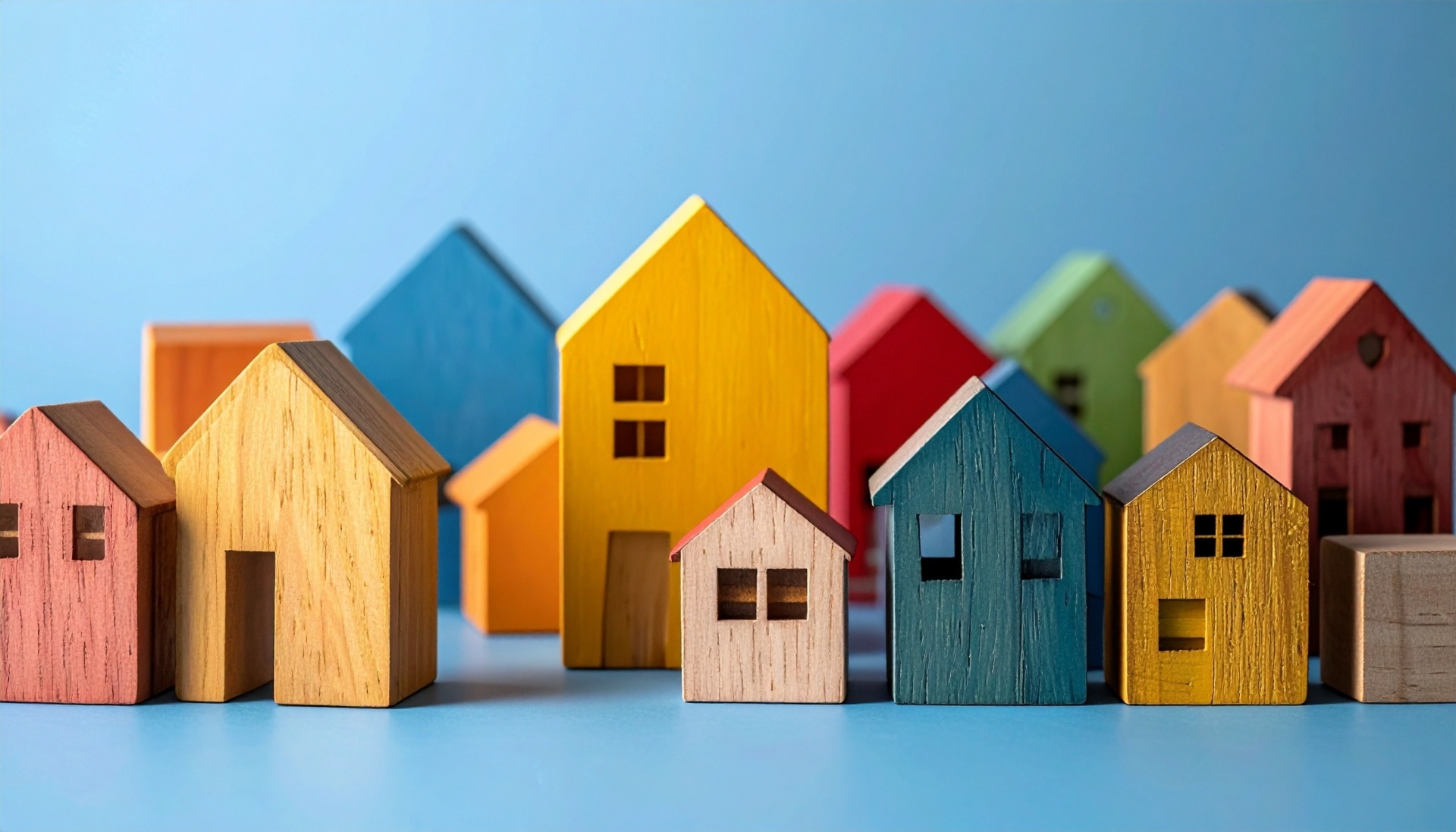 Colorful wooden toy houses clustered together on a solid light blue background—symbolizing community, diversity, and playful design