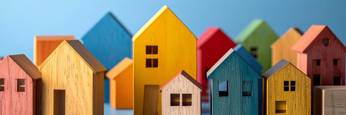 Bunte Holz-Spielzeug-Häuser zusammengestellt als Stadt