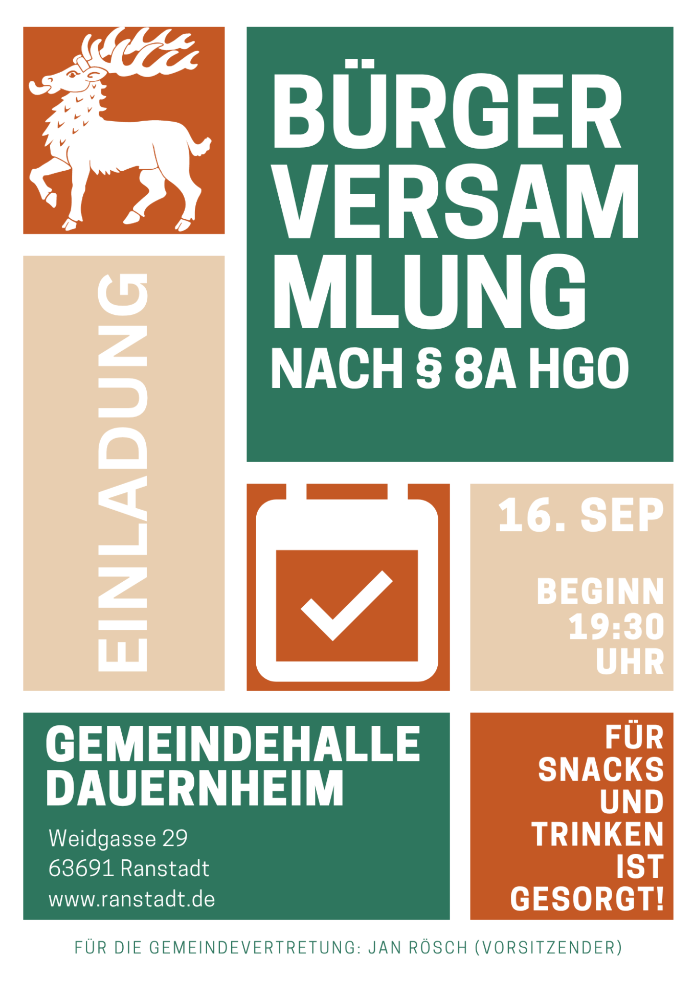 Flyer Einladung Bürgerversammlung in bunten Kästchen dargestellt.