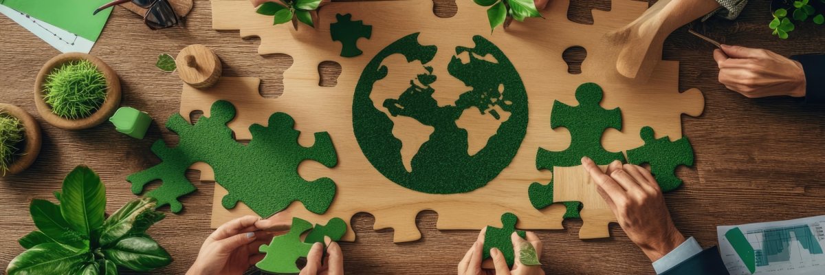 Puzzle Hände, die gemeinsam ein grünes Puzzle legen, dass die Welt darstellt