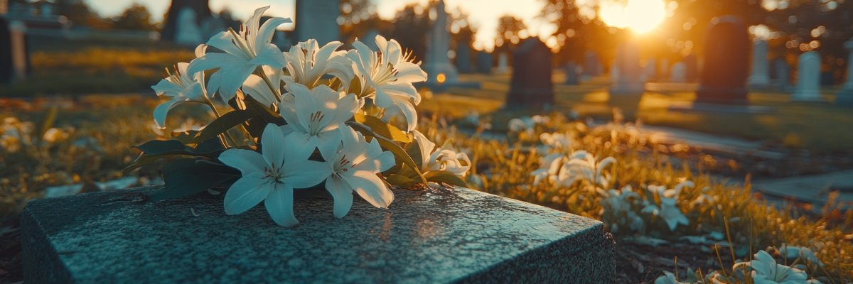 Sunset memorial flowers on grave, cemetery